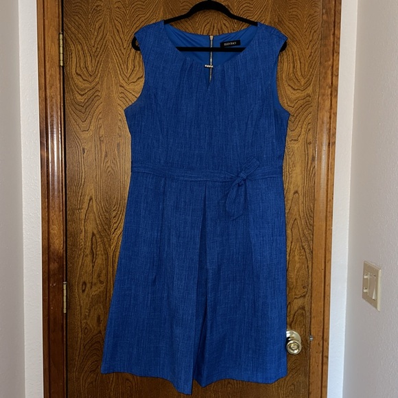 Ellen Tracy A-line Sleeveless Midi Dress Cobalt Blue Waist Accent Bow & Pockets - Picture 4 of 15
